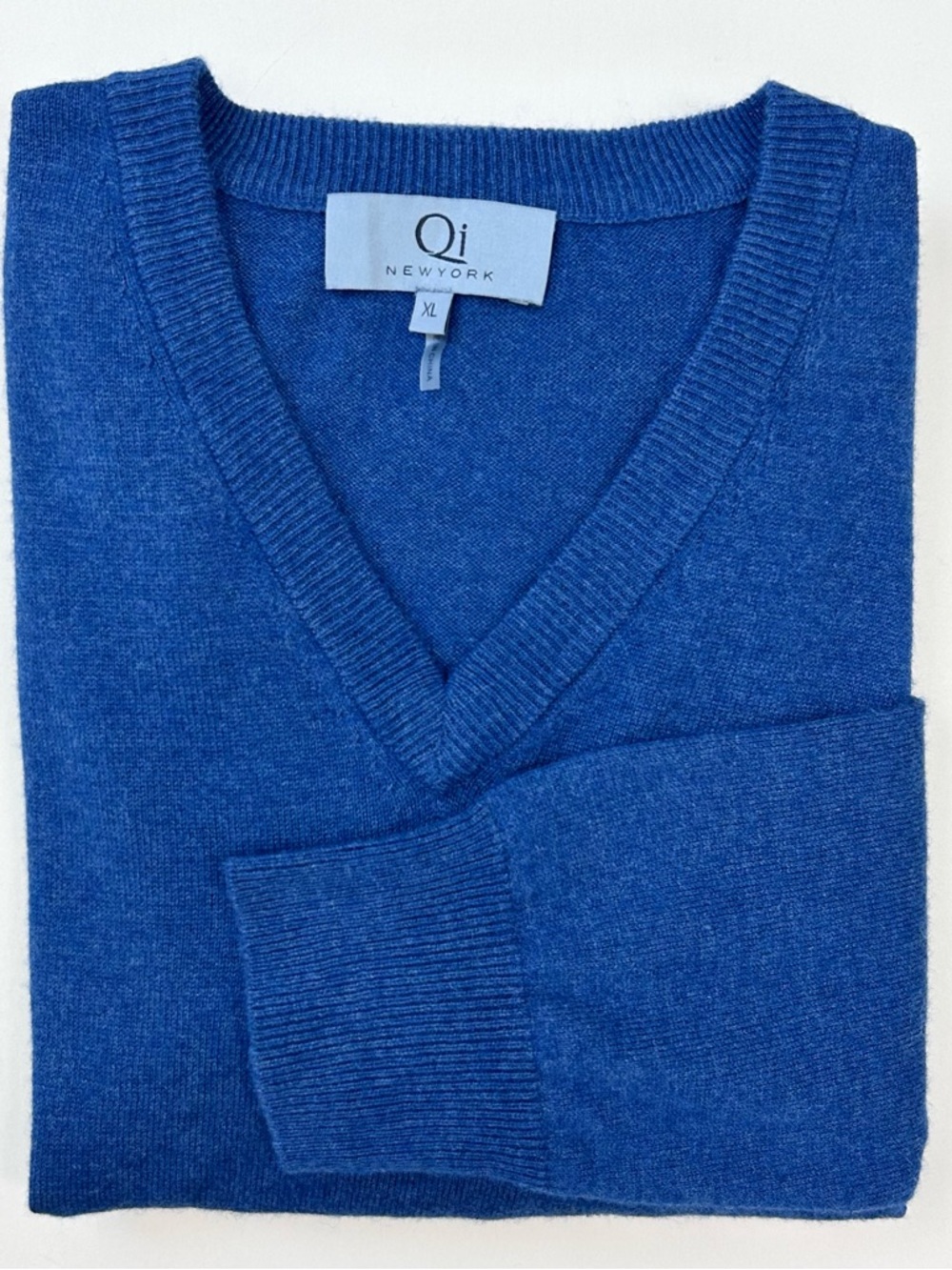 Qi New York Men's Soft Wool Cashmere Blue V-Neck Knit Long Sleeve Sweater XL